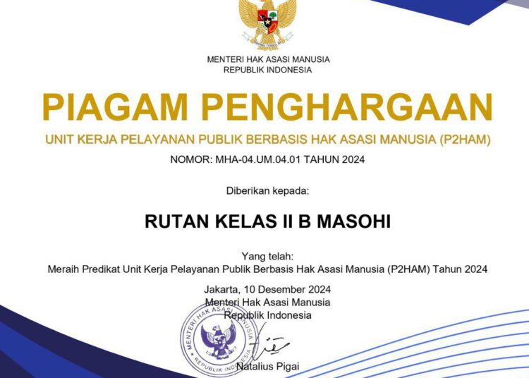 Ukir Prestasi Nasional, Rutan Masohi Raih   Predikat Satuan Kerja P2HAM
